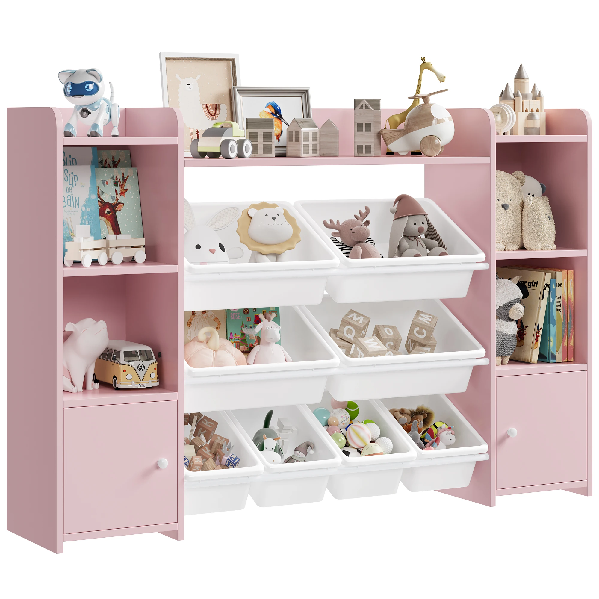 Getone speelgoedopbergkast Kinderboekenkast Speelgoedorganizer Kinderopberger met 8 verwijderbare dozen en opbergplanken voor woonkamer Speelkamer Slaapkamer 138,8 x 29,6 x 94,3 cm
