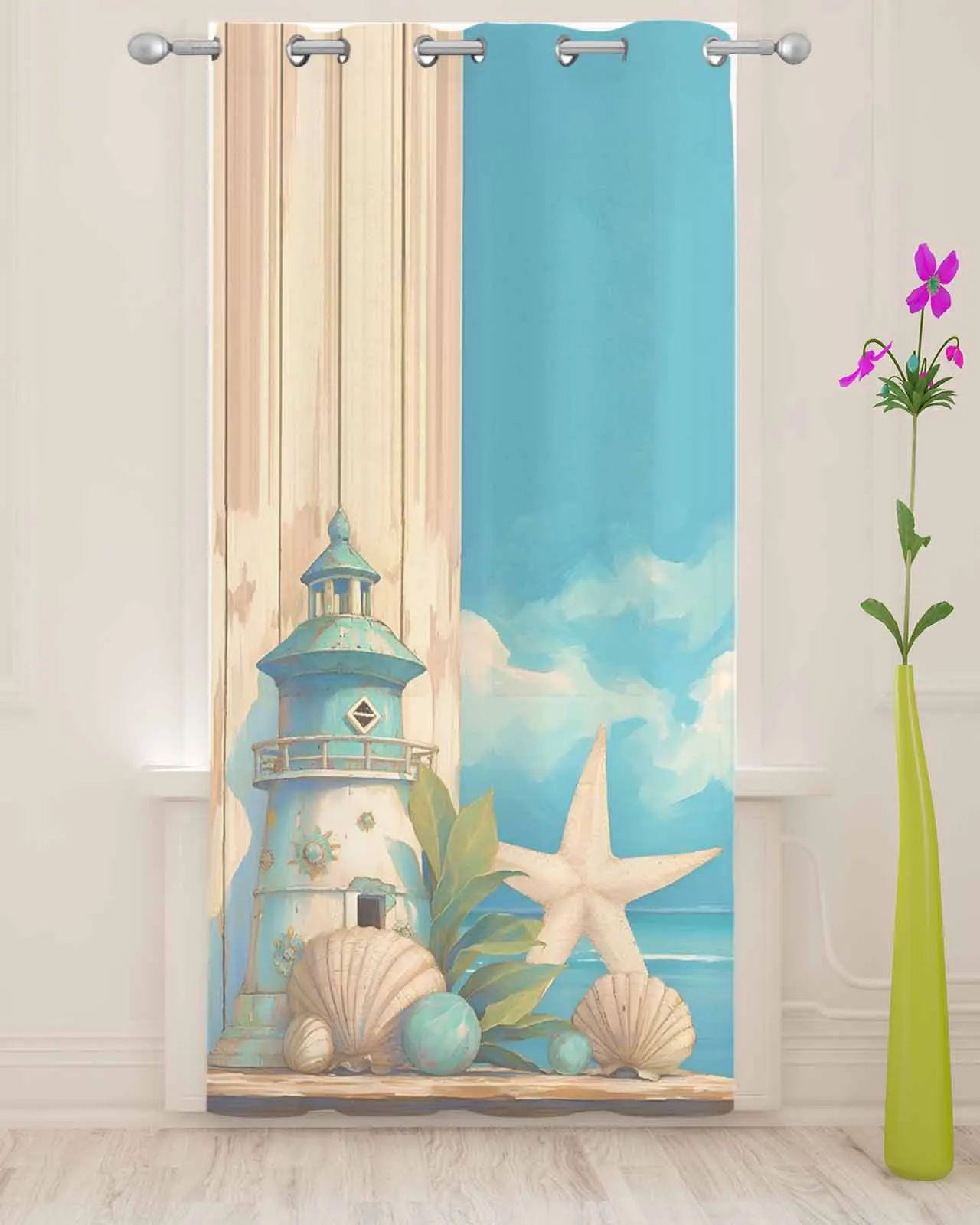 Ocean Beach Lighthouse Starfish Shell Plants Sky Voile Curtain Window Treatment Drapes for Living Room Tulle Sheer Curtains