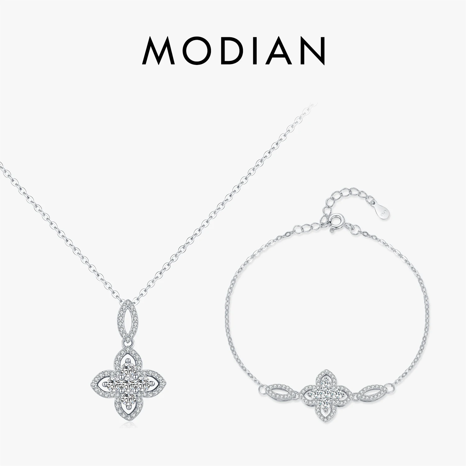 

MODIAN 925 Sterling Silver Luxury Flowers Pendant Necklace Classic Daily Wear Jewelry Sets For Women Fine Bracelet