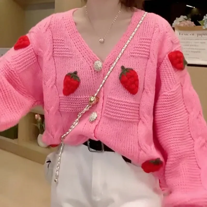 Sweet Cardigans for Women Lovely Strawberry Schoolgirls Autumn Sweaters Knitwear All-match Baggy Korean Style Knitting Chic Cute