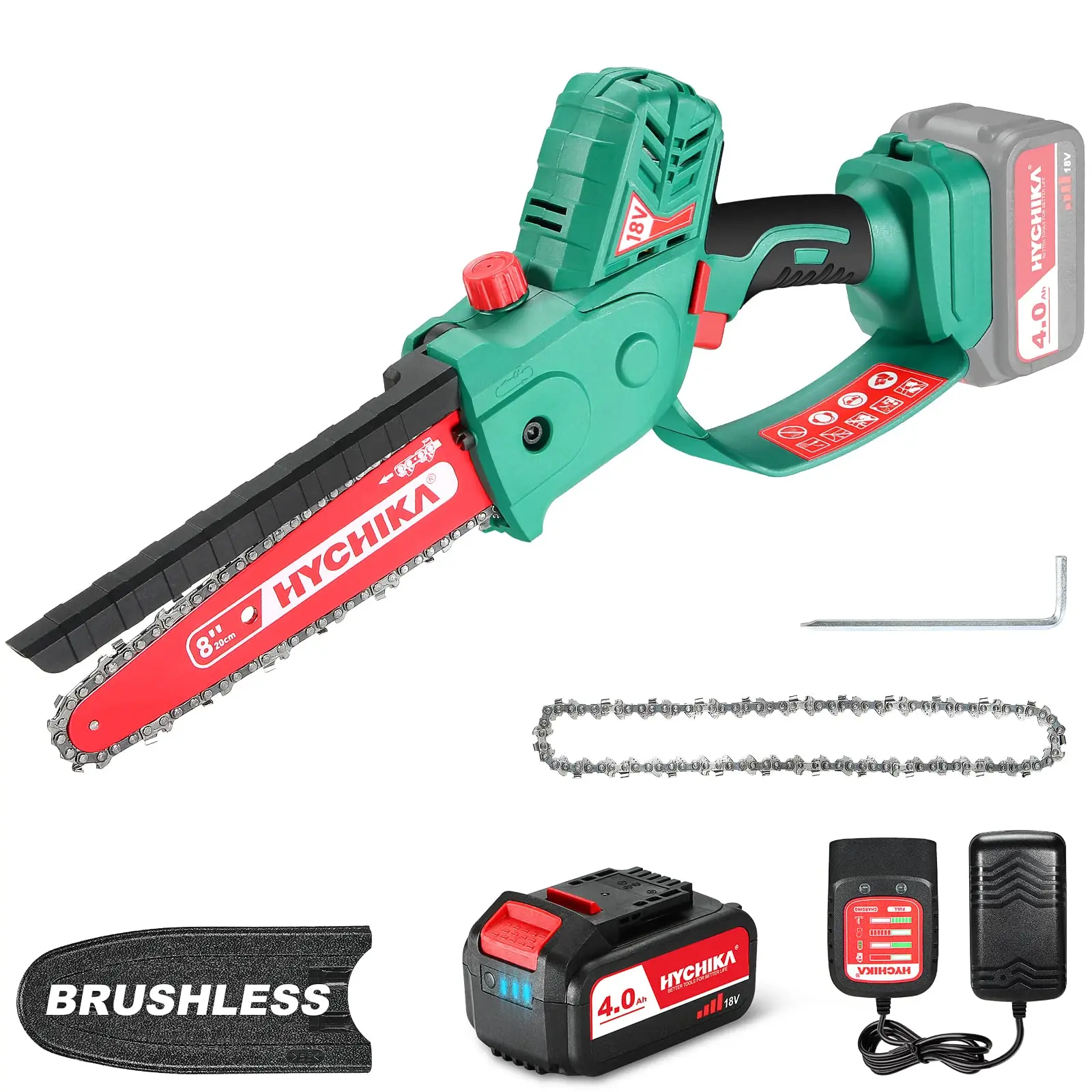 HYCHIKA Brushless Cordless Chainsaw 18V Rechargeable High Quality Chain Saw for Cutting Wood Power Tools