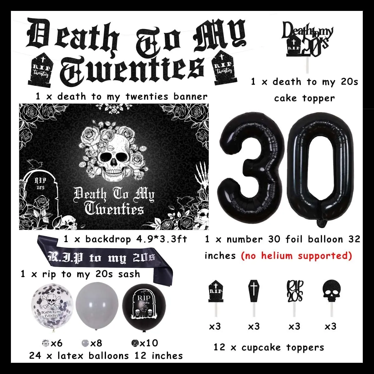 Imagem -02 - Joymemo-death to my Twenties Black Birthday Party Decorações Backdrop Banner Balões com Rip Número 30 20s Sash