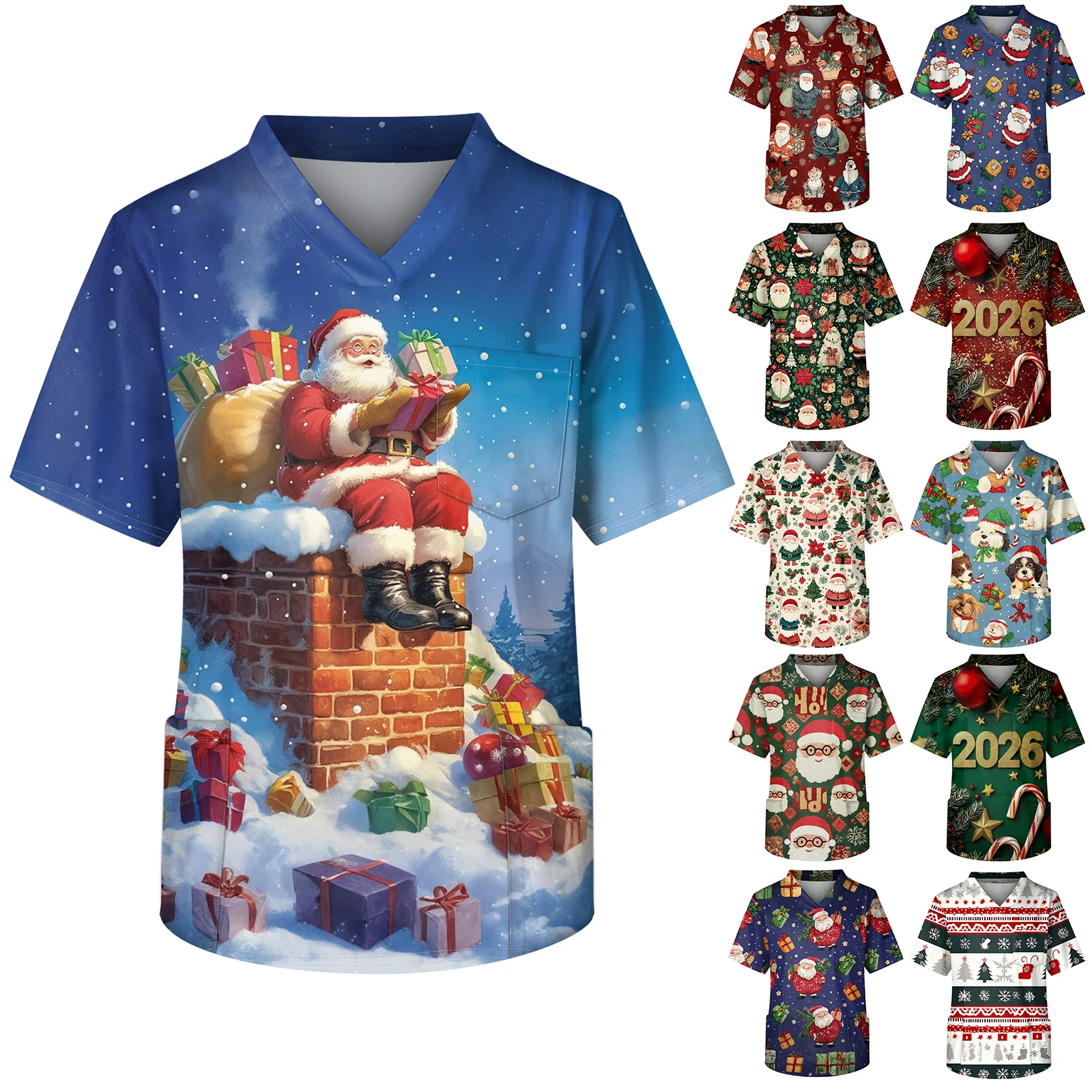

Christmas Printed V-Neck Pocket Caregiver Top Christmas Pattern Short Sleeved Top Christmas Party Costumes Navidad
