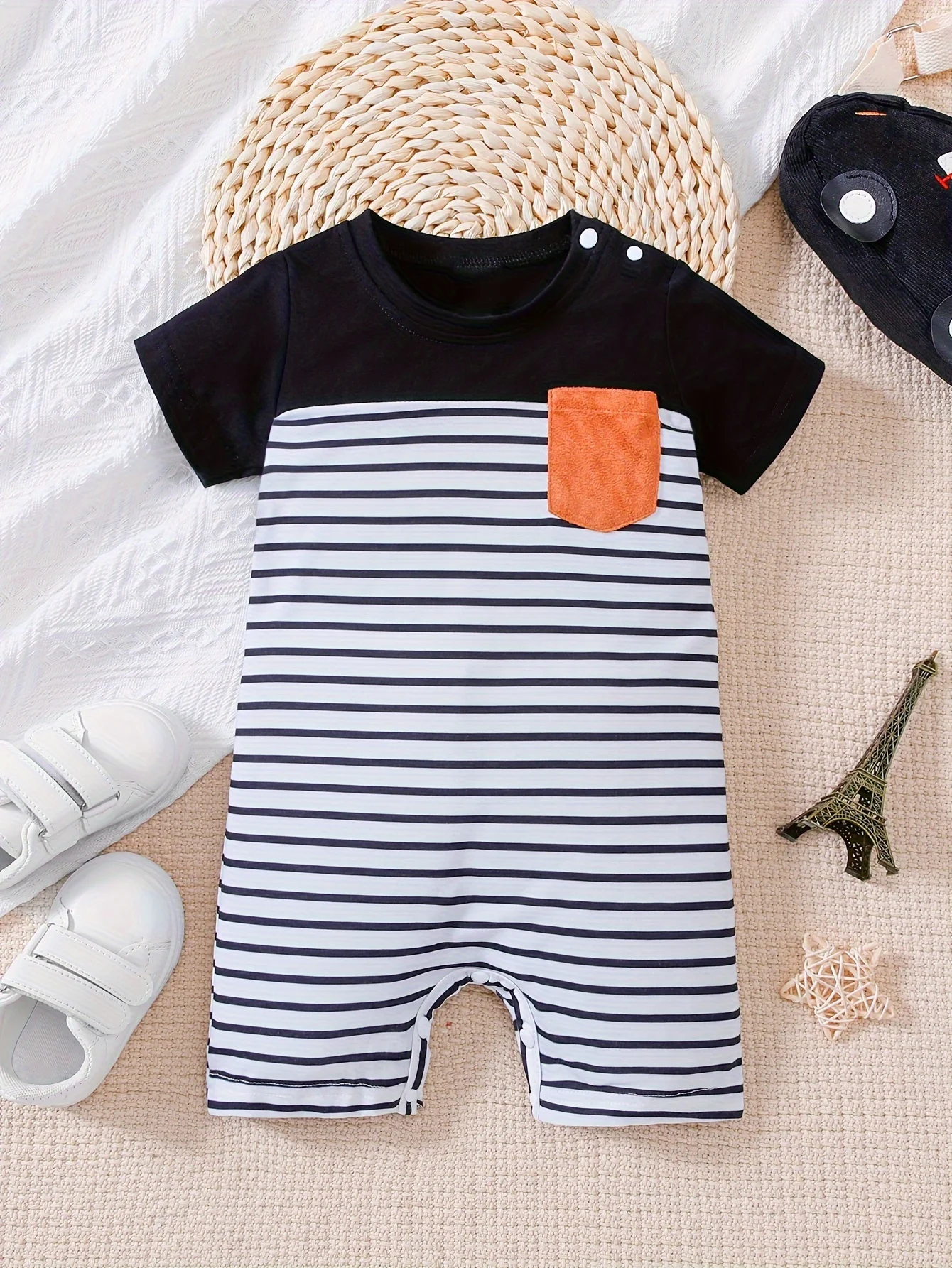Summer Stripe Baby Romper Short Sleeve Color Block Crawler Outfit with Pocket Snap Button Soft Skin-Friendly Infant Clothes