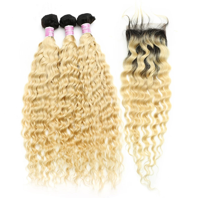Diva Me 1B 613 Blonde Ombre Deep Wave Bundles mit Verschluss 8–30 Zoll brasilianisches Remy Haar 2 3 4 Bundles mit 4x4 Spitzenverschluss – Detail 2