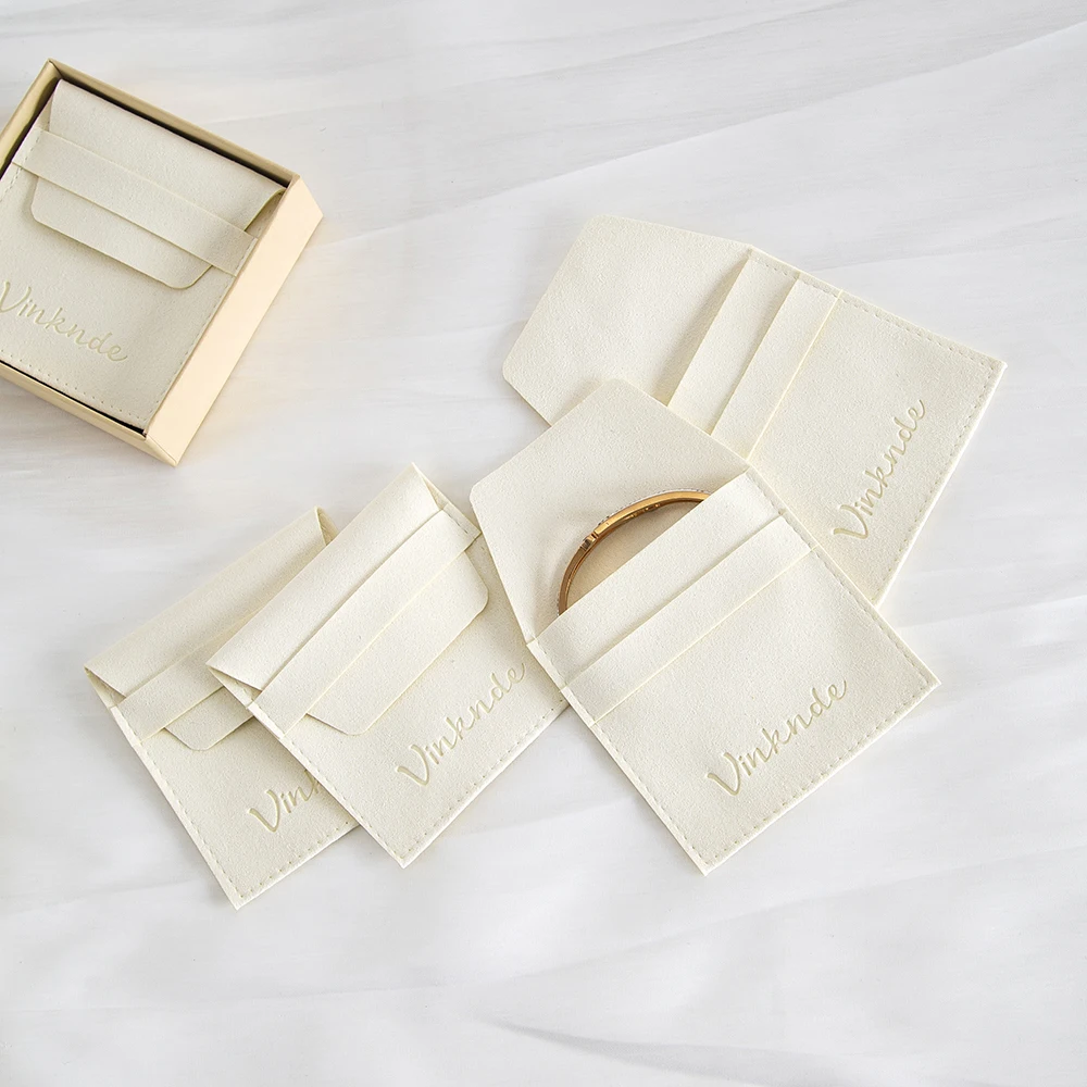 

Beige Microfiber Jewelry Packaging Bag Pouch Folded Suede Envelop Pouches Wedding Gift Candy Earrings Storage Sack Custom logo