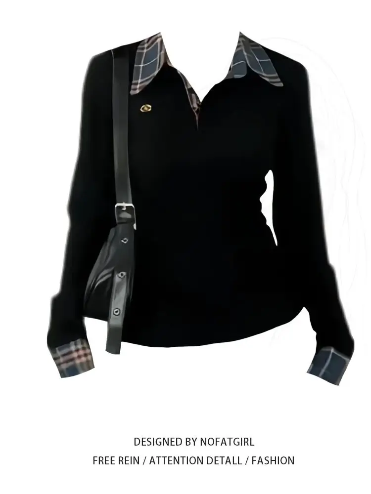 

plus Size Women's Plaid Collar Patchwork Long Sve Slim Fit T-irt Korean Sle Autumn New Faion Versatile Trendy Top