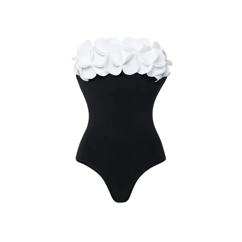 2024 Swimsuit New 3D Floral Strapless Black and White Contrasting One-piece Swimsuit for Women