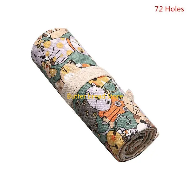 W89C Cartoon для кошки 24.12.36/48/72 Отверстия Canvas Roll Pen Crencil Bag для корпуса для макияжа держатель для хранения