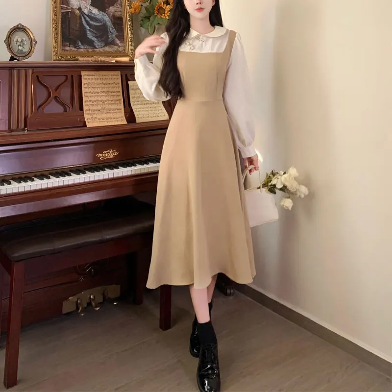 Vintage Doll Collar Midi Dress Women's Clothing Stylish Chinese Disc Buckle Spring Autumn Fake Two Pieces A-Line Spliced Dresses