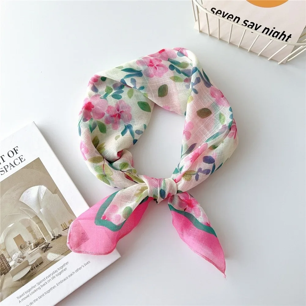 

Fashion Floral Print Neckerchief Cotton Linen Breathable Neck Scarf Decorative Wrap Square Sunscreen Head Scarf