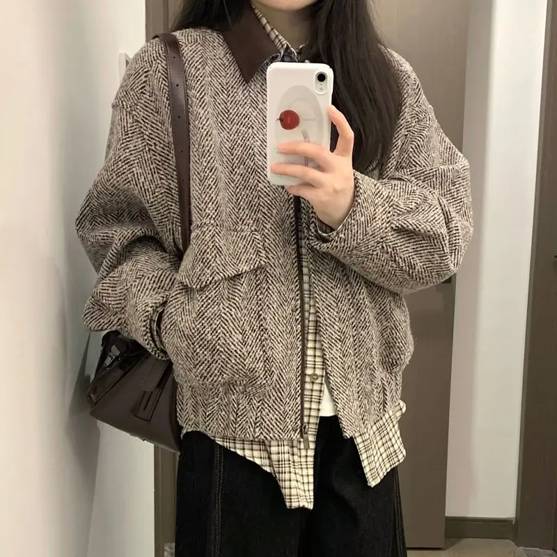 

American Retro Lapel Jacket Jacket For Female Students In Autumn New Design Feel Loose Versatile Casual Baseball Uniform Trendy
