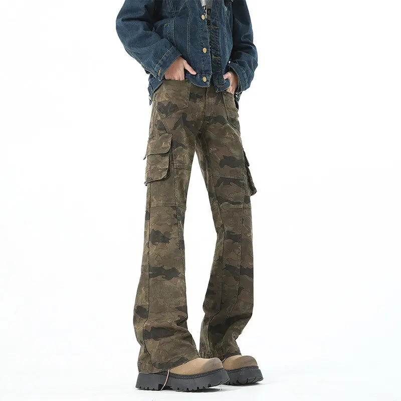 アメリカンハイストリートレトロ迷彩パンツメンズスリムフィットマルチポケット作業服パンツ痩身マイクロフレアズボン