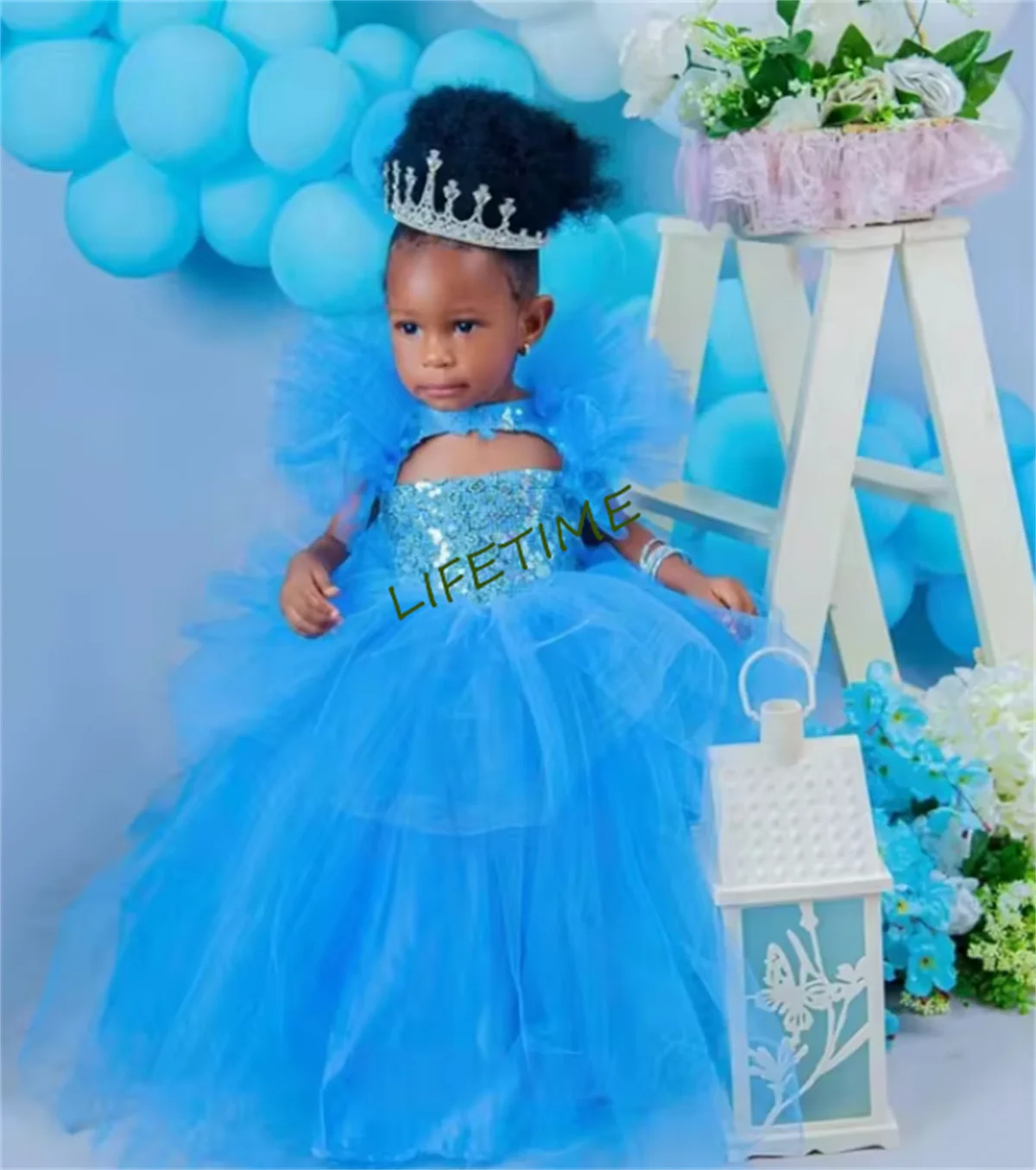 CustomizedBall Gown Flower Girl Dresses Toddlers Tiered Tulle Princess Pageant Dress Kids Puff Sleeves Birthday Party Gowns