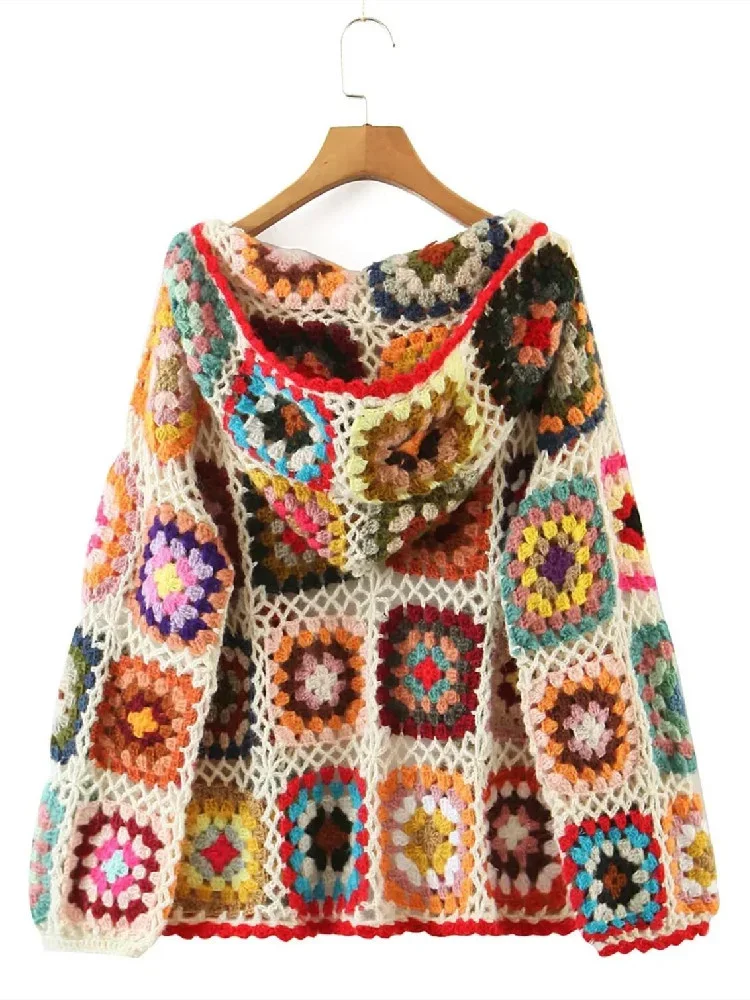 Ethnic Hand Crochet Hooded Cardigan with Plaid Flower Design - Beach Open Stitching Sweater