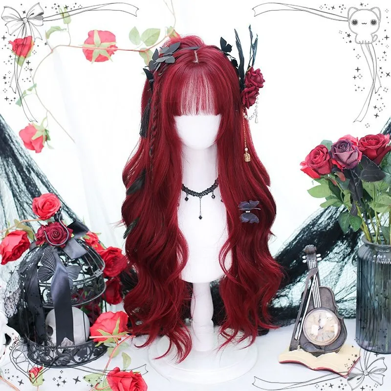 High Quality Brand Synthetic Wig Female Lolita Curly Hair Full Headset Simulated JK Burgundy Long Hair Cosplay Natural Woman Wig