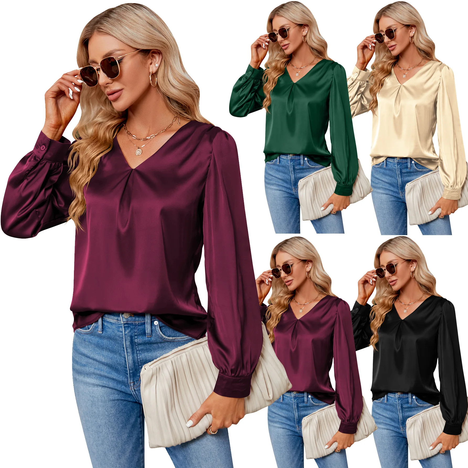 YJKDKY 2024 Spring Autumn Women's Tops Female Satin Pleated Long Sleeved Top V-neck Shirt Smooth Soft T-shirt With Sleeve