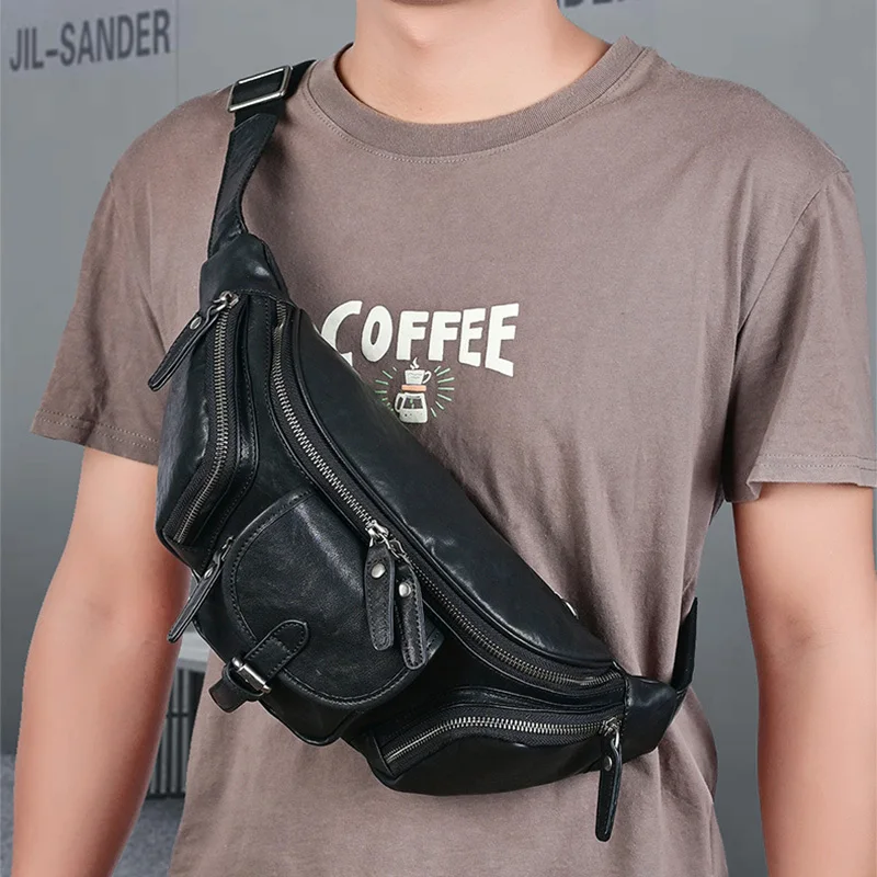 

Multi Pocket Genuine Cowhide Leather Fanny Pack Adjustable Strap Crossbody Waist Bags Large Capacity Unisex Casual Chest Bag