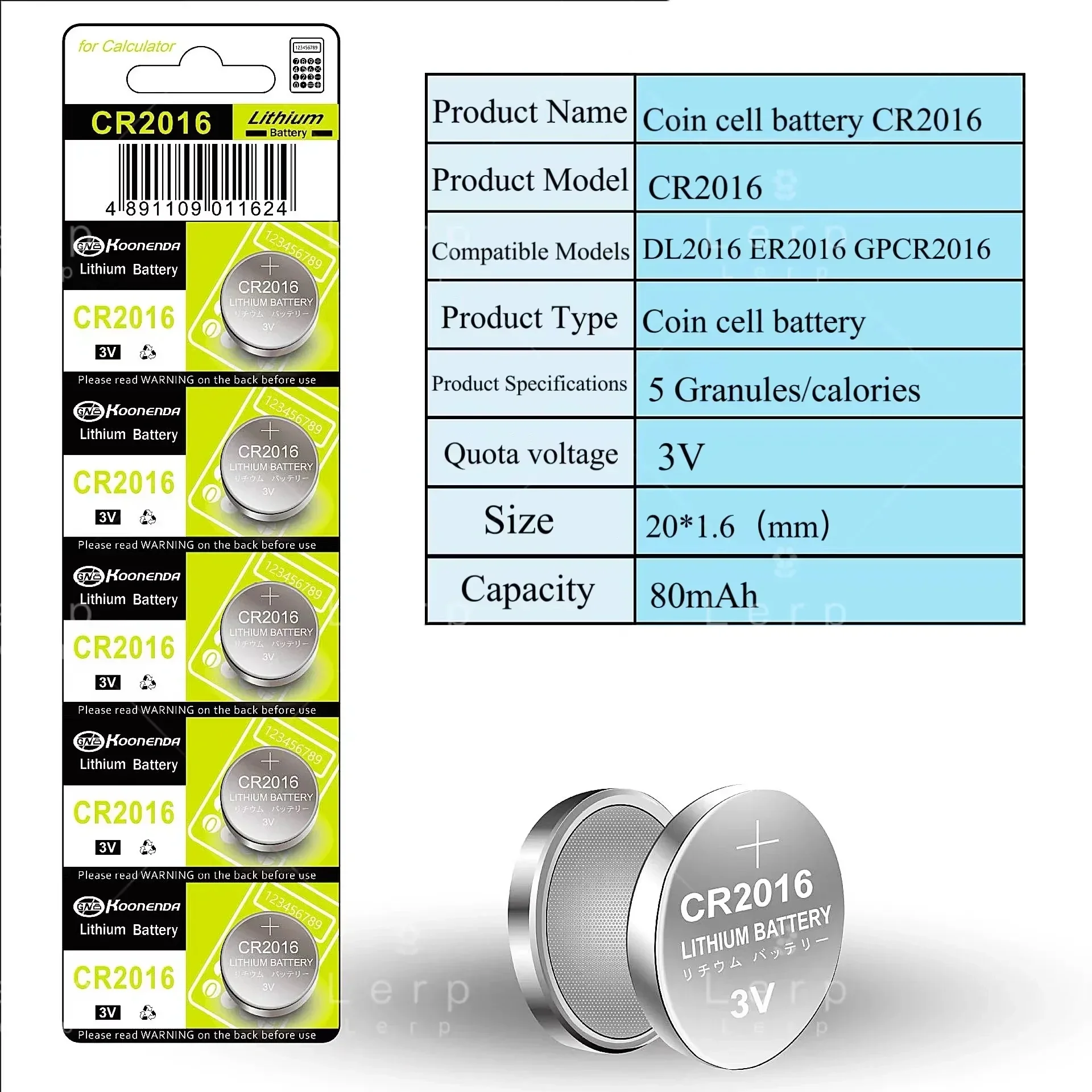 Batteria a bottone CR2016, batteria agli ioni di litio, telecomando a 5 celle, 3V