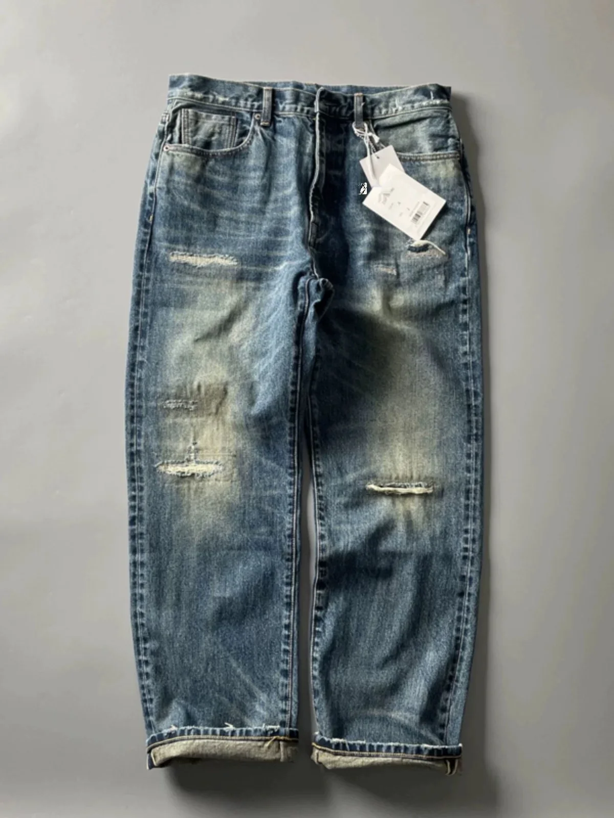 

Retro Distred Heavyweight Japanese Sle Loose Fit Red Ear Denim Jeans Patched Hard Goods Vintage Looking Jeans