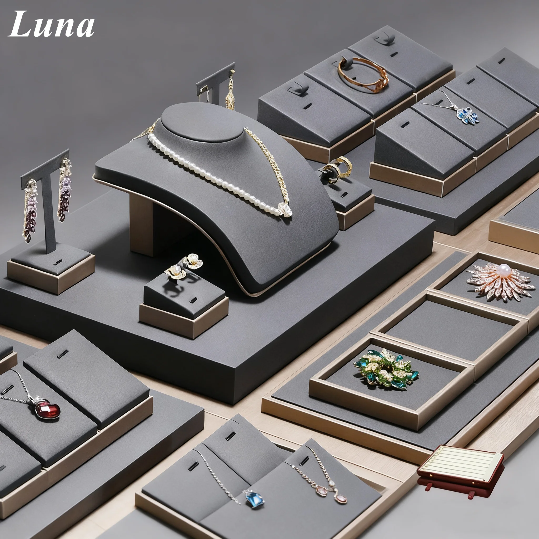 

Luxury Gray & Gold Metallic Leather Jewelry Display, Premium Tray Stand for Rings & Necklaces on Store Counter