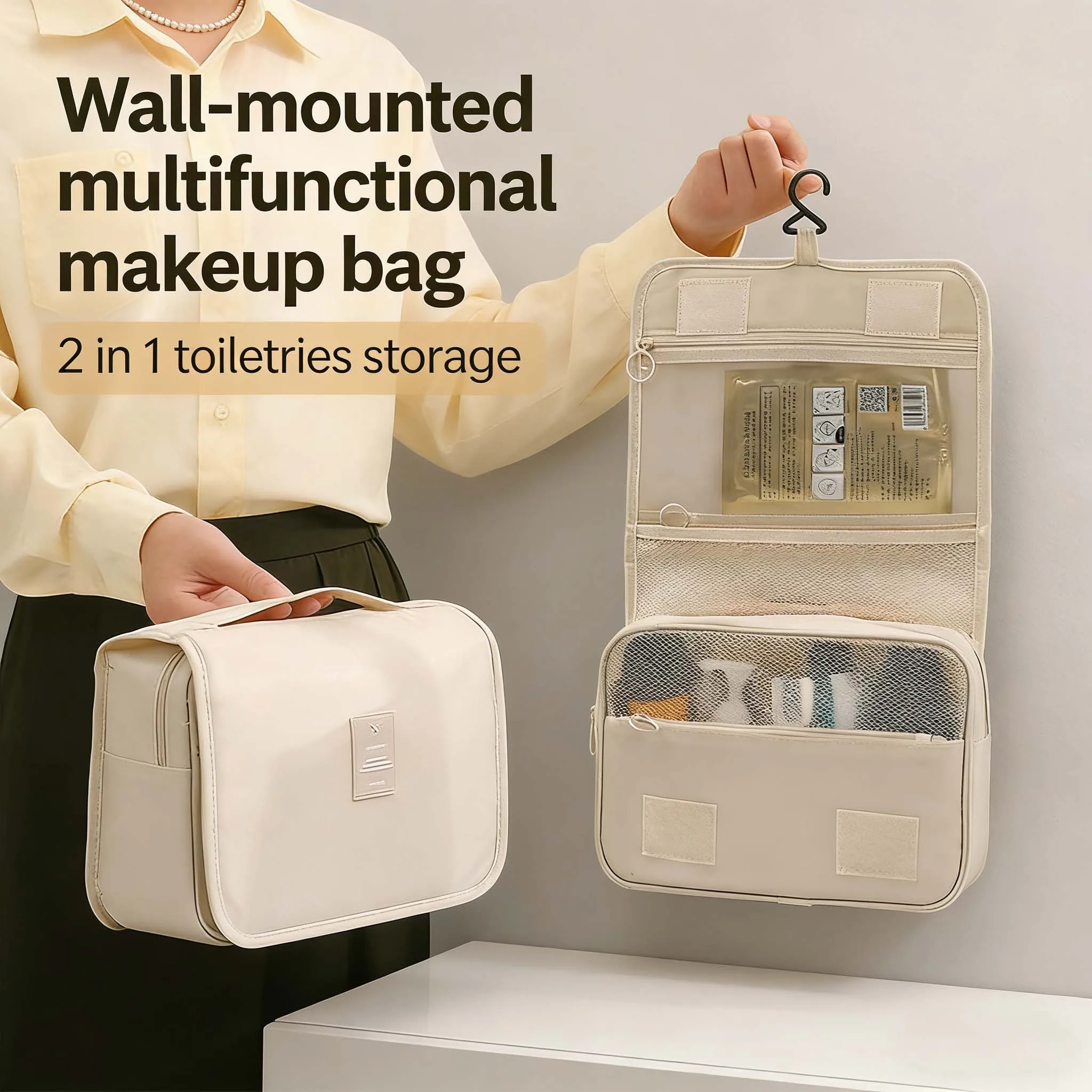 Hochwertige wasserdichte Reise-Kosmetiktasche für Damen – Hängende Toilettenartikel-Organizer-Tasche mit Haken, geräumiger Badezimmer-Waschbeutel & Nass-Trocken-Trennung – Detail 4