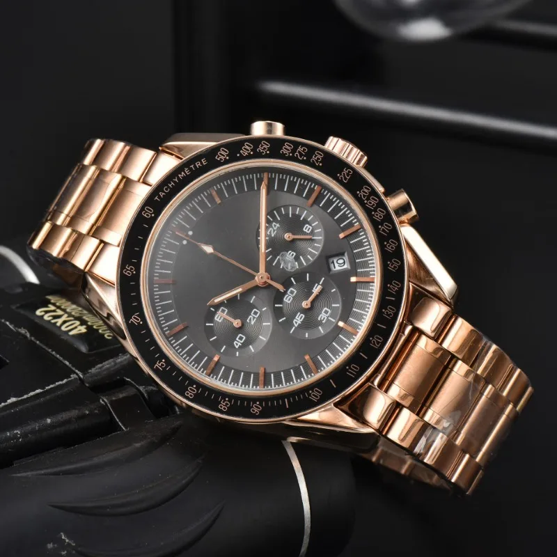 Luxury Men's Watch Business Speedmaster Series Moon Watch Rose Metal Strap Calendar Speed Measurement Full Function Quartz Watch