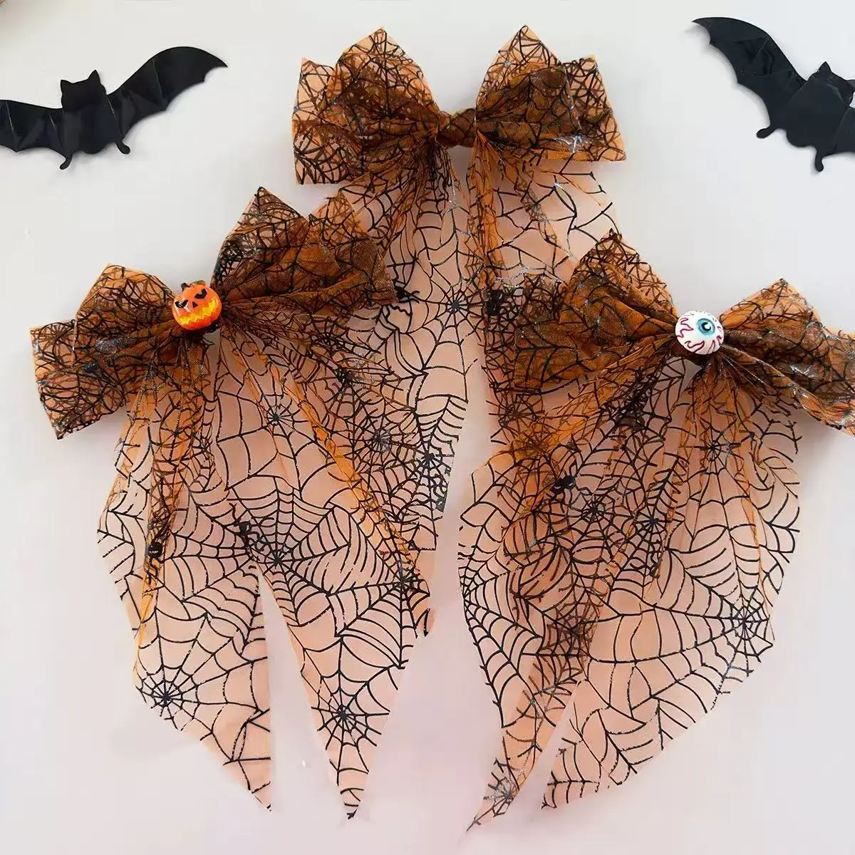 Halloween Spider Web Mesh Bow Hair Clip, Pumpkin Eyeball Decor Long Tulle Hair Barrette Cosplay Party Hair Accessories