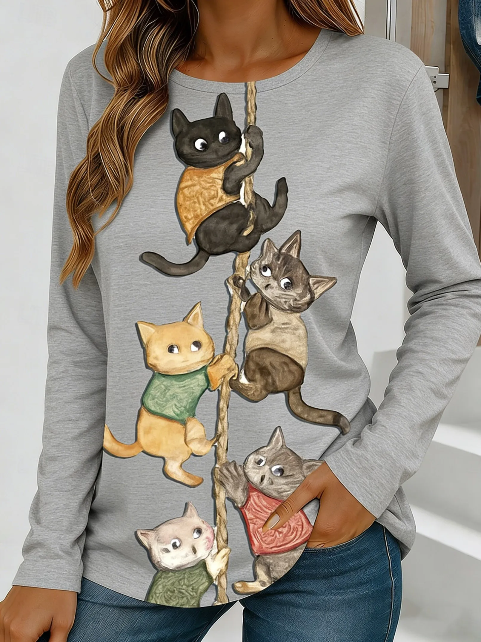 Women's Long-Sleeve T-Shirt for Autumn, Cat Climbing Rope Print Street Style Casual Crew Neck Pullover Loose Fit Outdoor T-Shirt