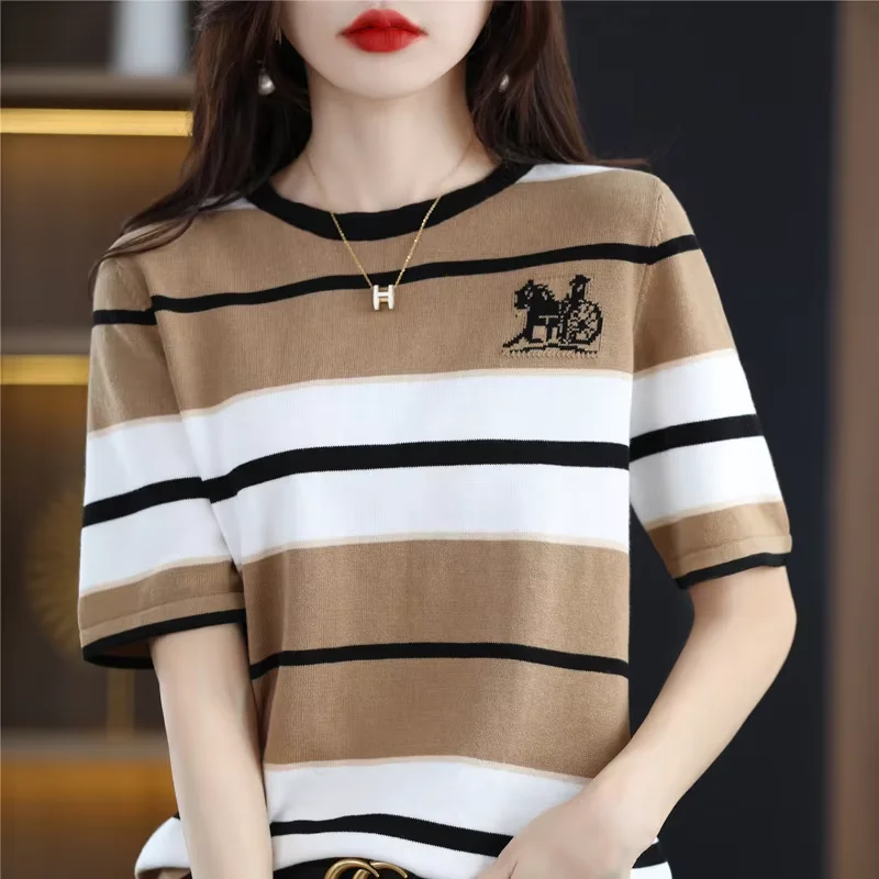 

Summer New 100% Cotton Short Sleeve Striped Contrast Round Neck Half Sleeve Loose Thin Women's Knitted Blouse Short Sleeve