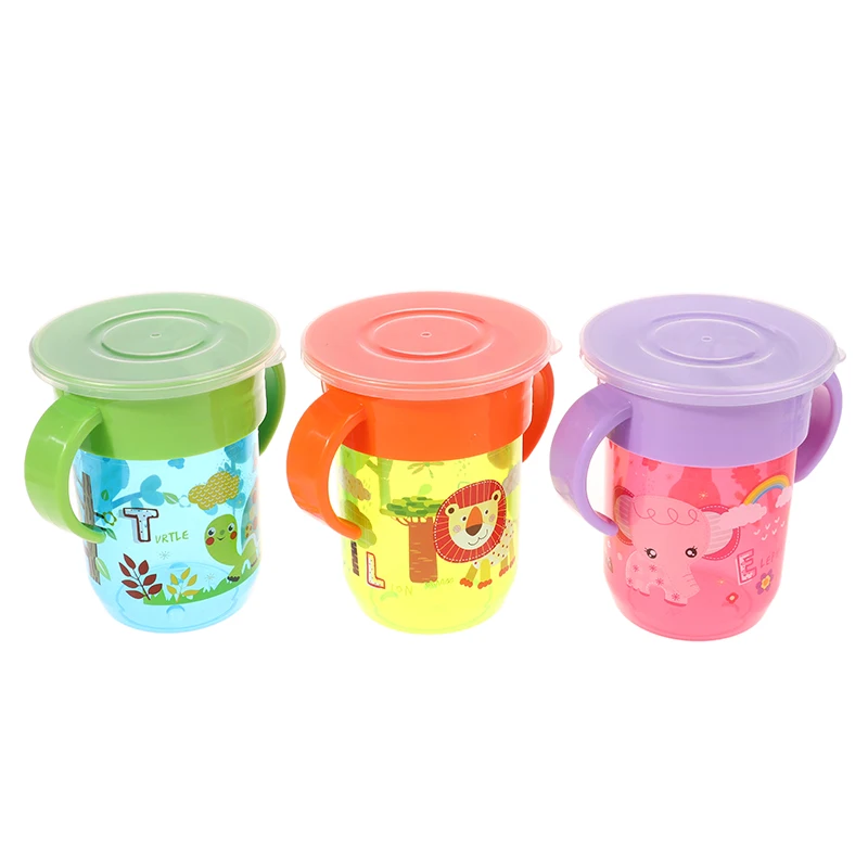 Baby Water Cups 360 Rotated Cartoon Baby Learning Drinking Cup With Double Handle Flip Lid Leakproof Infants Bottle