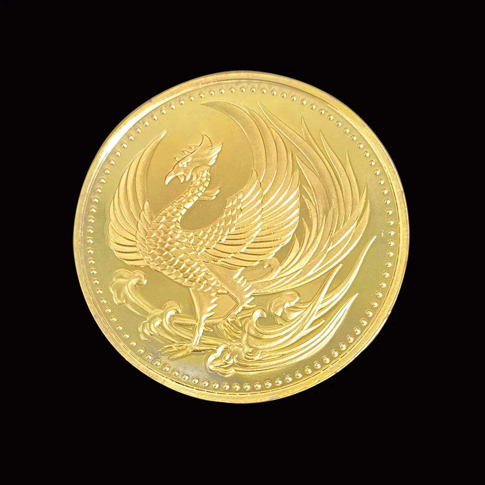 Japanese Traditional Culture Phoenix Nirvana Commemorative Gold Plated Hundred Bird Scale Tribe Wish Coin W/ Acrylic Case