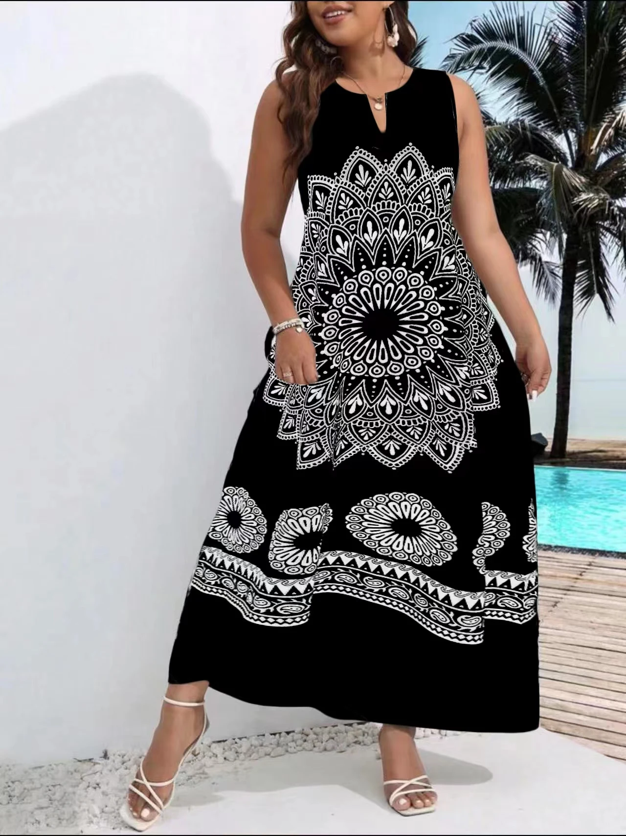 Women\'s Dress V-Neck Sleeveless Casual Loose Summer New Unique Printed Elegant Tank Top Dress Fashion Retro Long Dress Large Wom