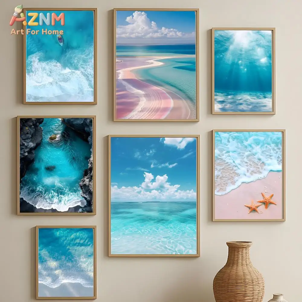 AZNM Turquoise Blue Ocean Beach Canvas Wall Art Print, Tropical Sea Waves Starfish Aerial View Poster for Living Room Bedroom Ho