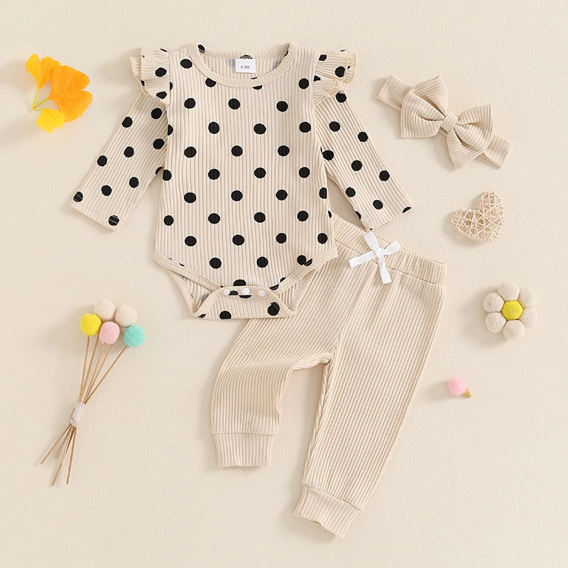 

Suefunskry Baby Girls Fall Outfit, Long Sleeve Dots Print Ribbed Romper with Pants and Bowknot Headband Cute Clothing Set