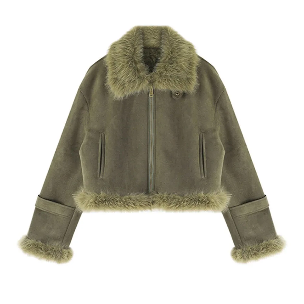 2026 Women Short Cropped Faux Fur Jacket Soft Fluffy Plush Outerwear Long Sleeve Winter Warm Loose Y2K Streetwear Furry Coat
