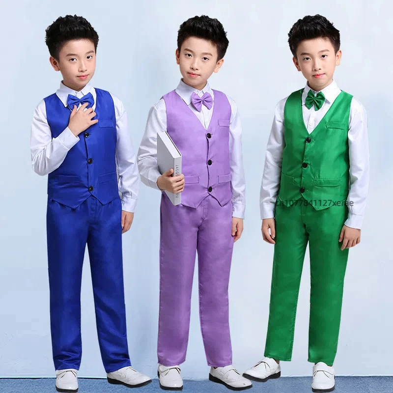 زي أداء رقص الجاز للأطفال، سترة للأولاد، قميص، بنطلون، طقم مكون من ثلاث قطع، زي أداء مسرح جوقة الطلاب
