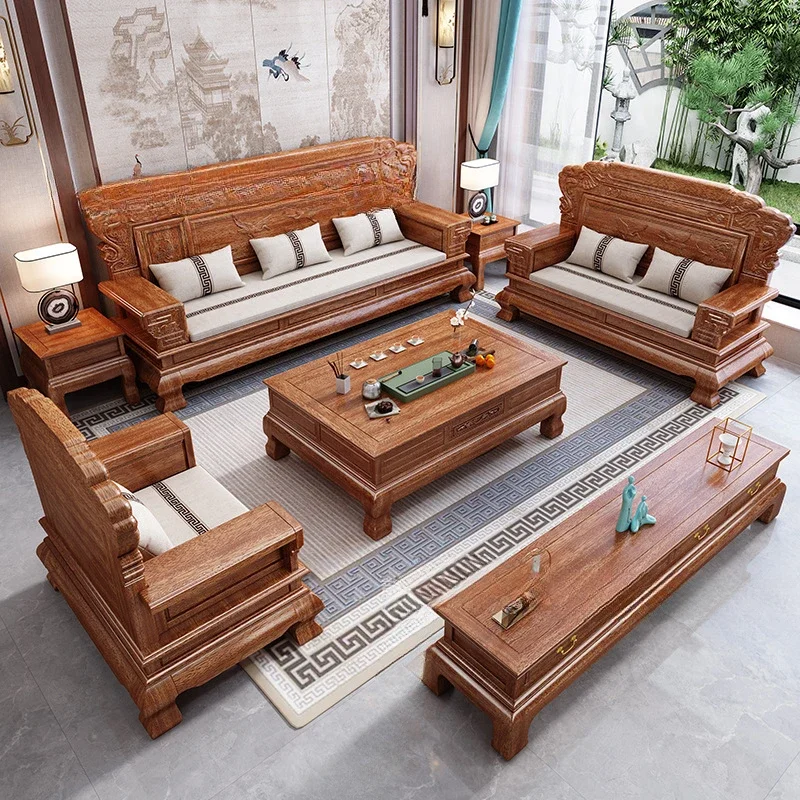 Golden rosewood solid wood sofa living room combination set villa winter and summer dual-purpose furniture sofa