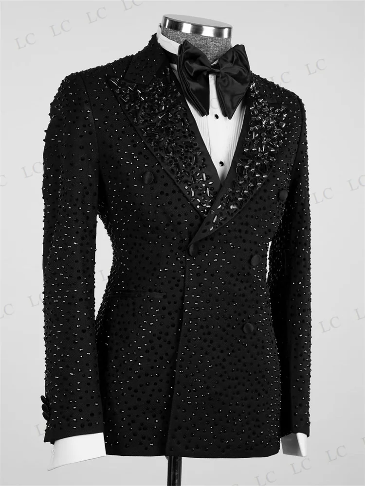 Kristalle Luxus Männer passt 2 Stück Blazer ein Knopf Perlen Diamanten Abschluss ball Smoking schlanke Hochzeit Bräutigam plus Größe Kostüm homme