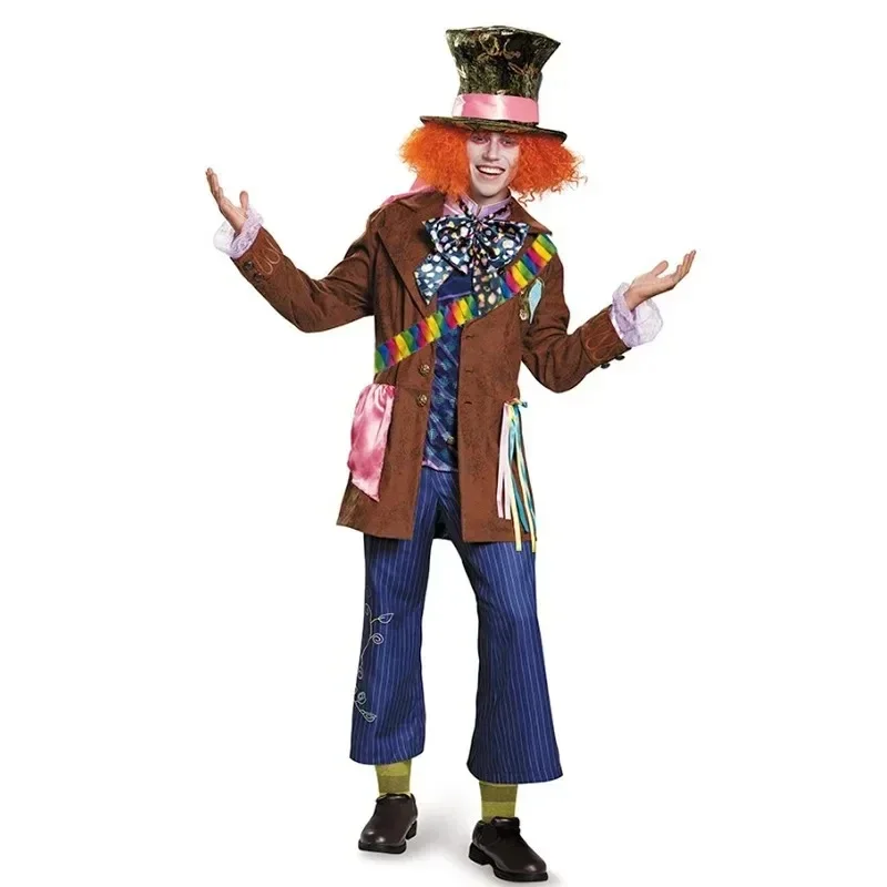 Alice in Wonderland Cosplay Mad Hatter Costumes for Men Kids Carnival Party Outfit Suit with Top Hat Halloween Roleplay Clothing