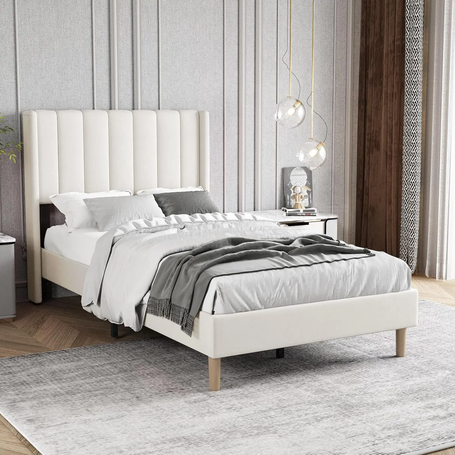 Twin Size Bed Frame with Velvet Upholstered Headboard, Beige | Velvet Platform Bed, Heavy Duty Wooden Slats Support, 7.48