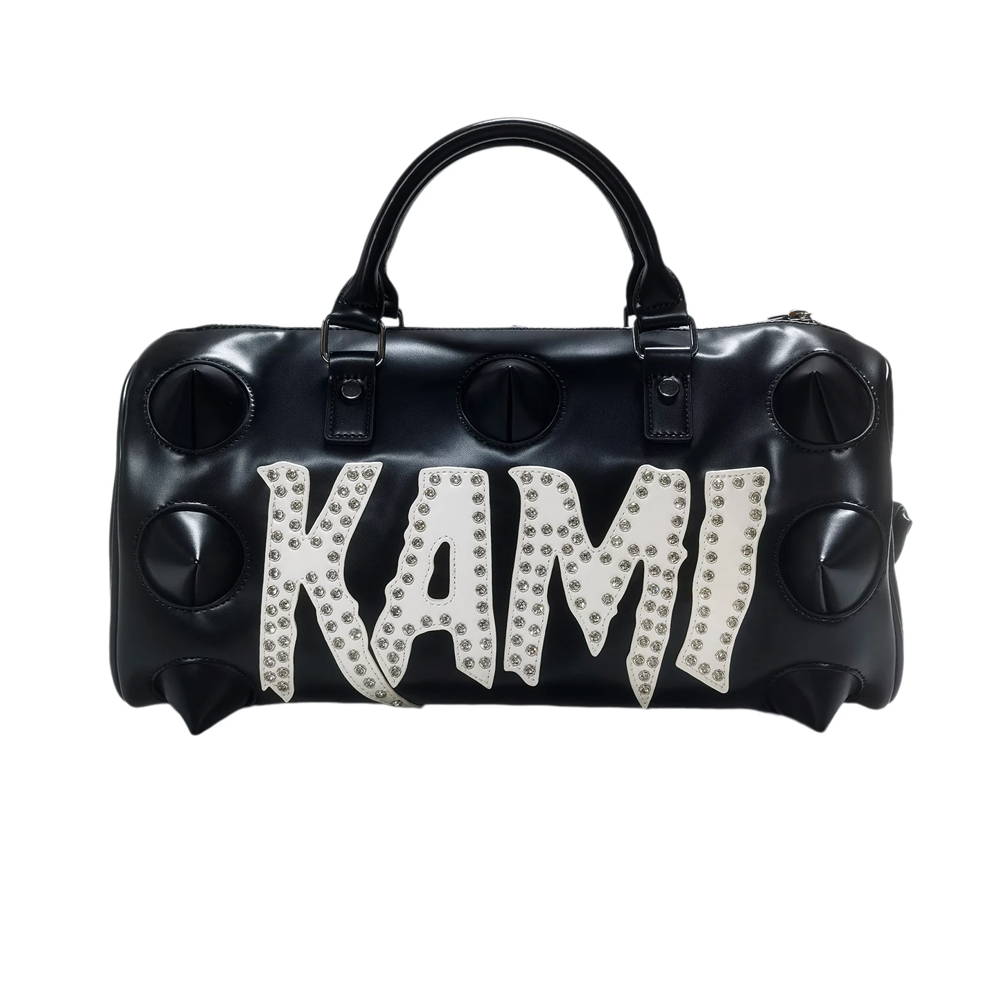 Luxury Punk Rock Subculture Crossbody Bag with Rivets Cylinder 3D Boston Bag Unisex Artificial Leather Zipper Closure