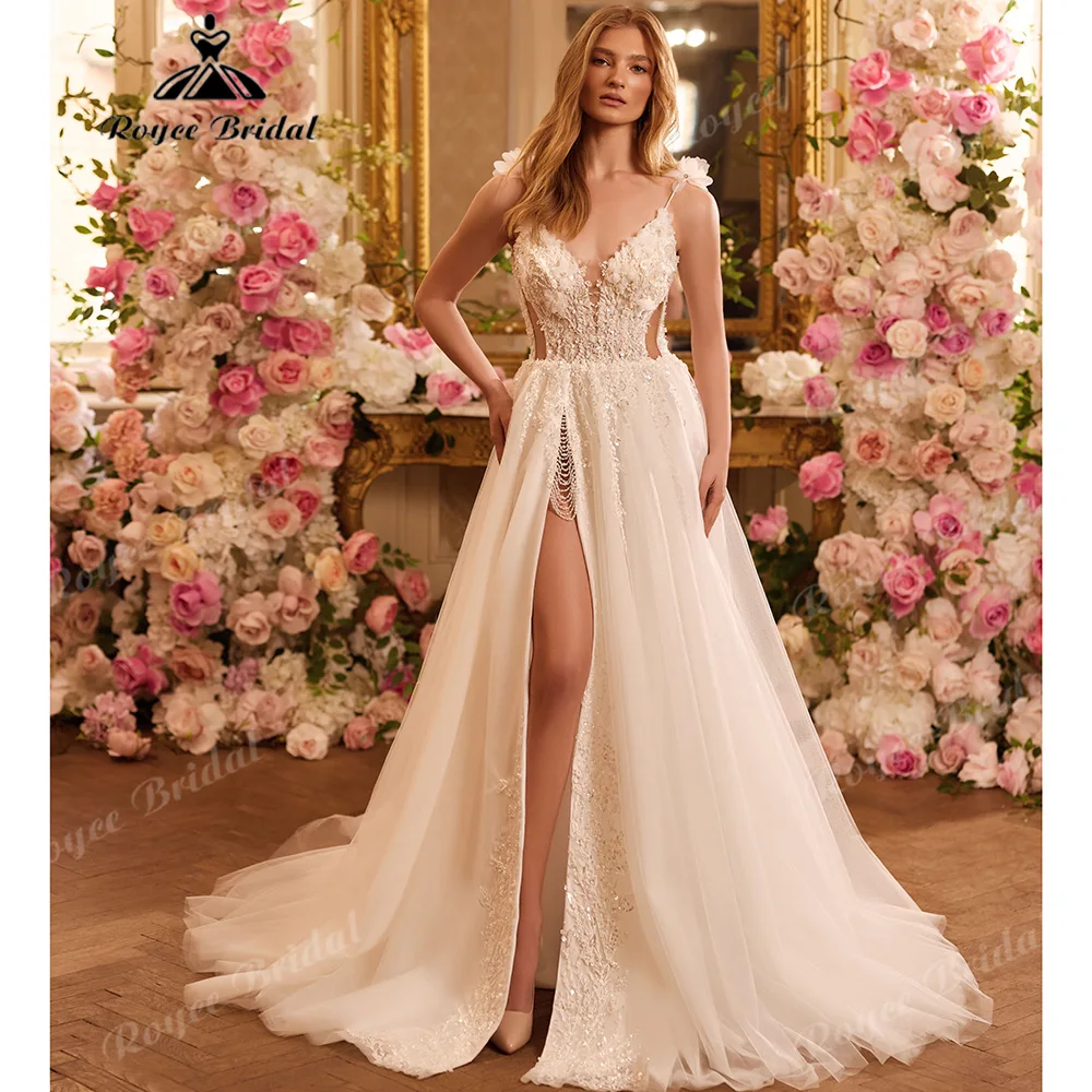 Spaghetti Straps A‑Line Wedding Dress Deep V Neck 3D Floral Lace Corset Bodice Side High Slit Cutout Abiti Da Sposa Customized