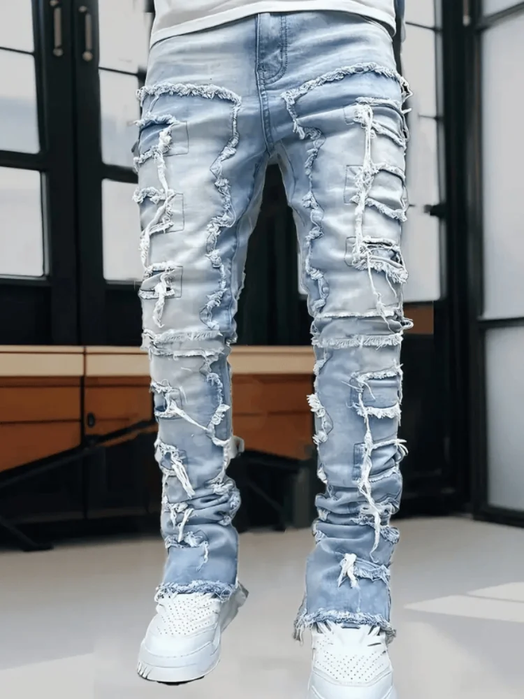 

Men's Skinny Fit Stretch Denim - Fitted Mid-Rise Pants with Frayed Hem, All-Season Cotton Blend for Everyday & Semi-Formal Outfi