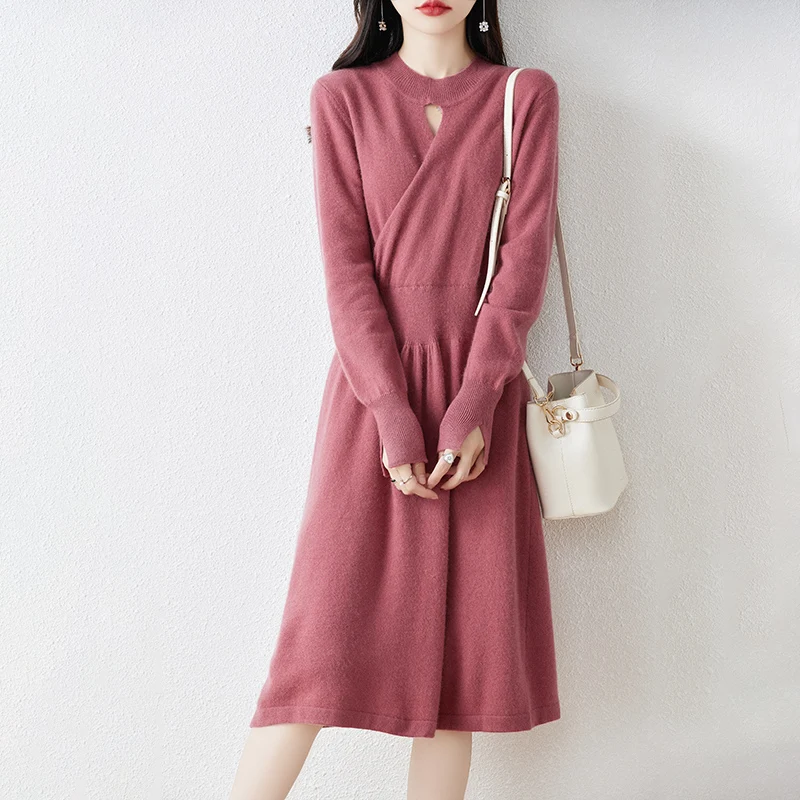 Fall/Winter Wool Knitted Dress Women\'s Half-high Neck Long Waist Sweater Skirt Loose 100% Wool Over-the-knee Skirt