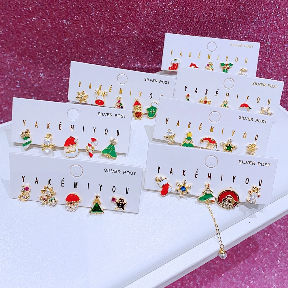 MIGGA 5pcs Christmas Stud Earrings Set Gold Color Plated Women New Year Gift Jewelry