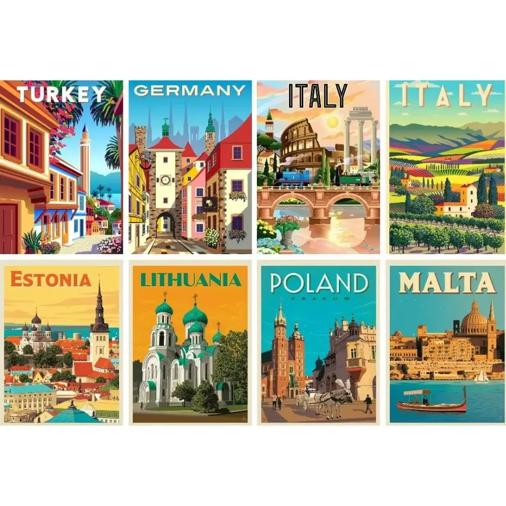 Kit de punto de cruz bordado 5D de mosaico de pintura de diamantes DIY, país, Alemania, Iltay, Polonia, Malta, Turquía, Austria, viaje, póster