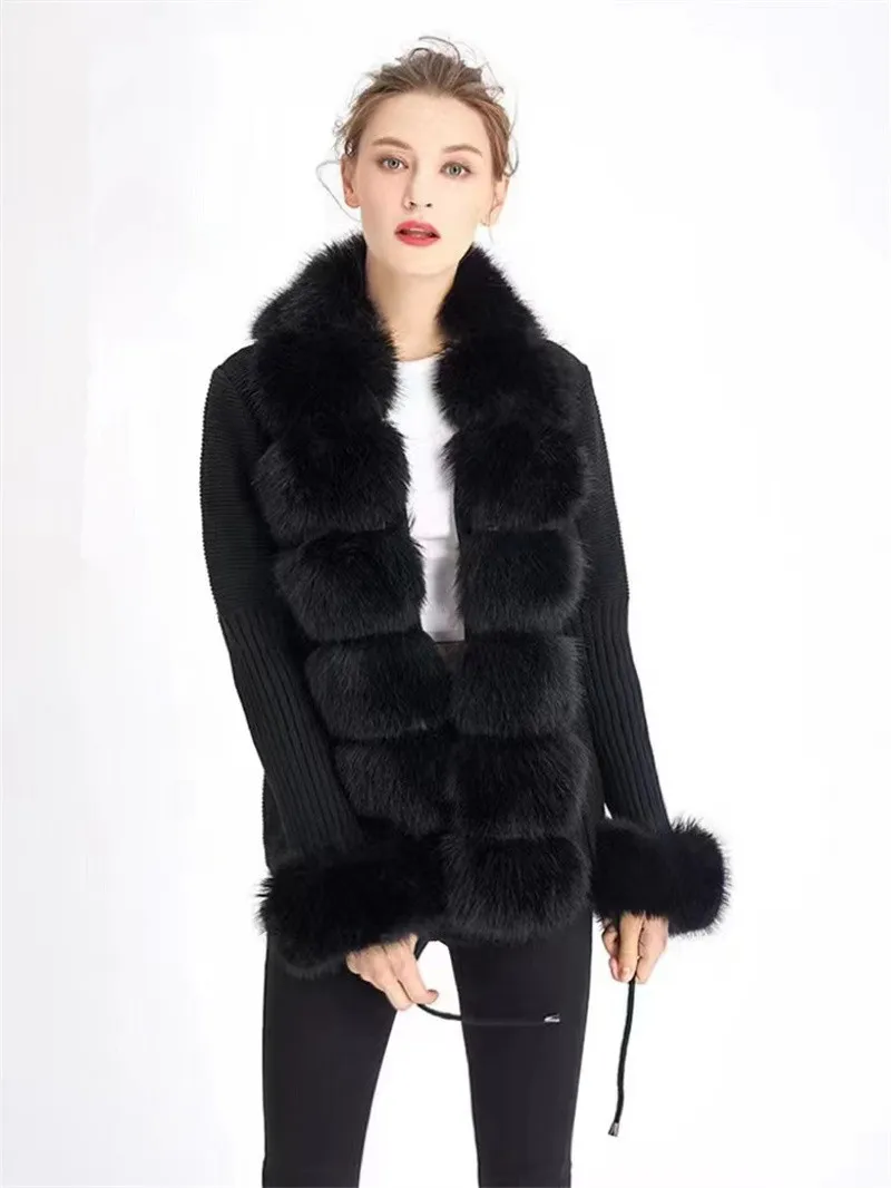 Fashion Fur Coat 2024 Spring NEW Women\'s Cardigan Women Faux Fox Fur Knit Sweater Ladies Elegant Knitted Sweater with Fur Collar