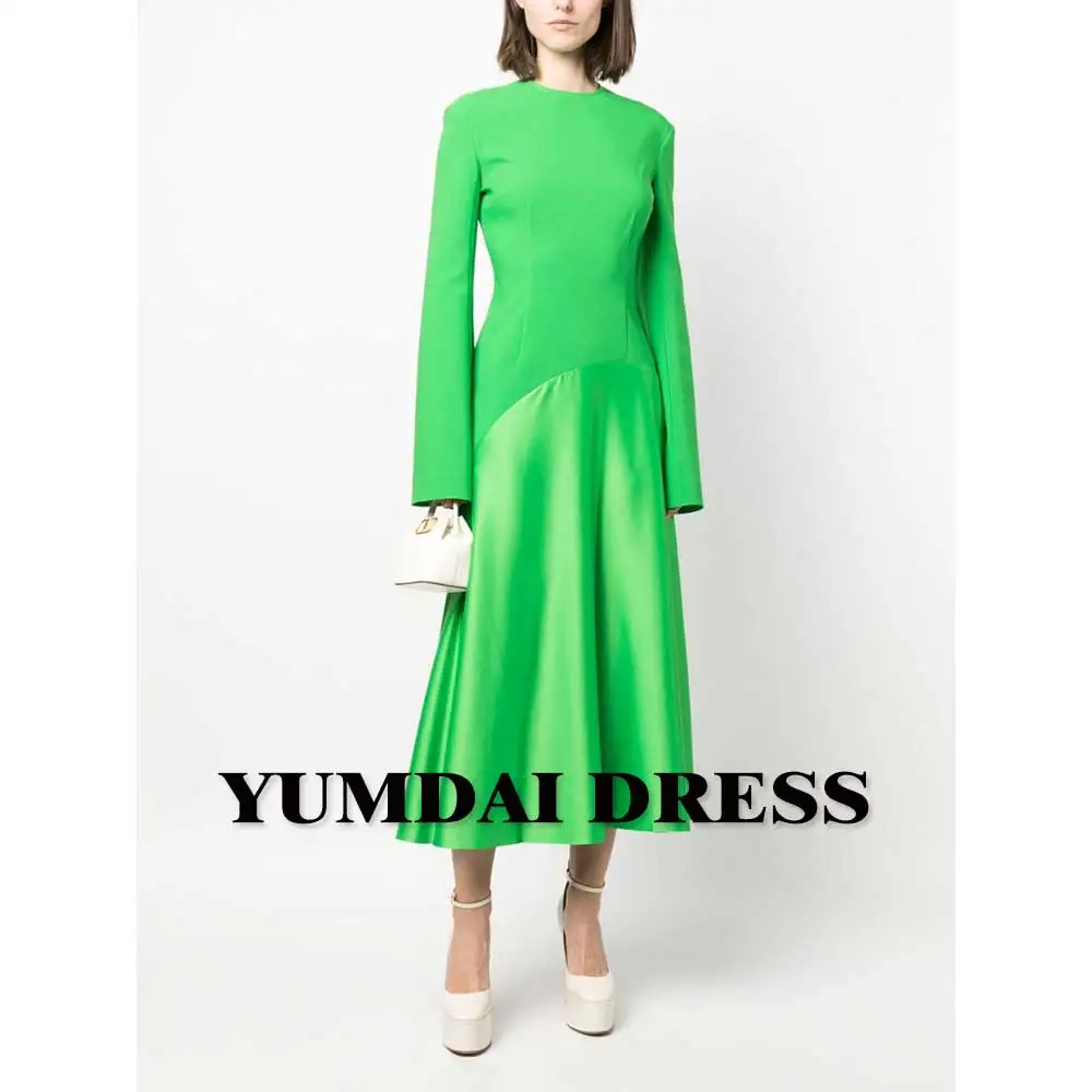 

YUMDAI Green Crepe Long Sleeve Evening Gown Wedding Prom Party Midi Dress 2024 Ladies Formal Cocktail Party Girls Birthday Dress