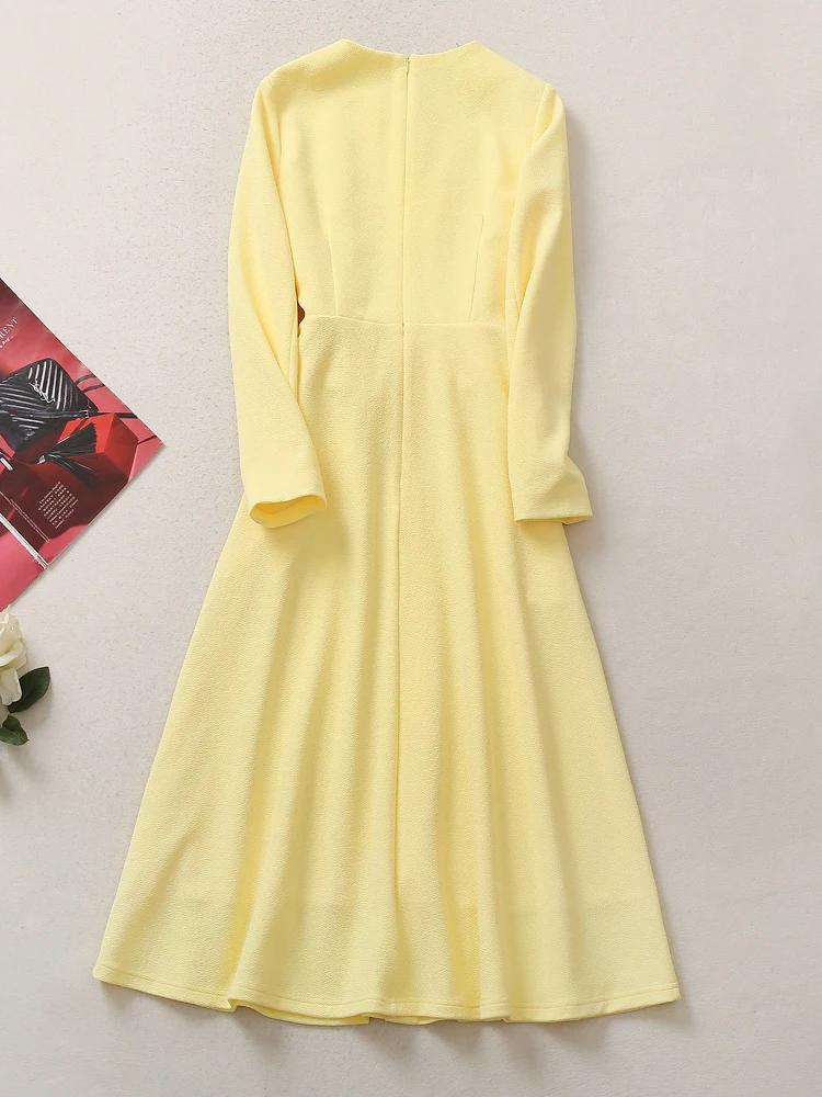 ZJYT Designer Elegant Autumn Long Sleeve Dress Women Yellow Midi Party Vestidos 2022 New Fashion Solid Casual Robe Femme XXL